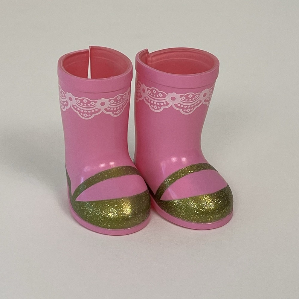 American Girl Doll Rain Boots‎ Pink Gold Glitter Detail Lace shoes Wellie wisher